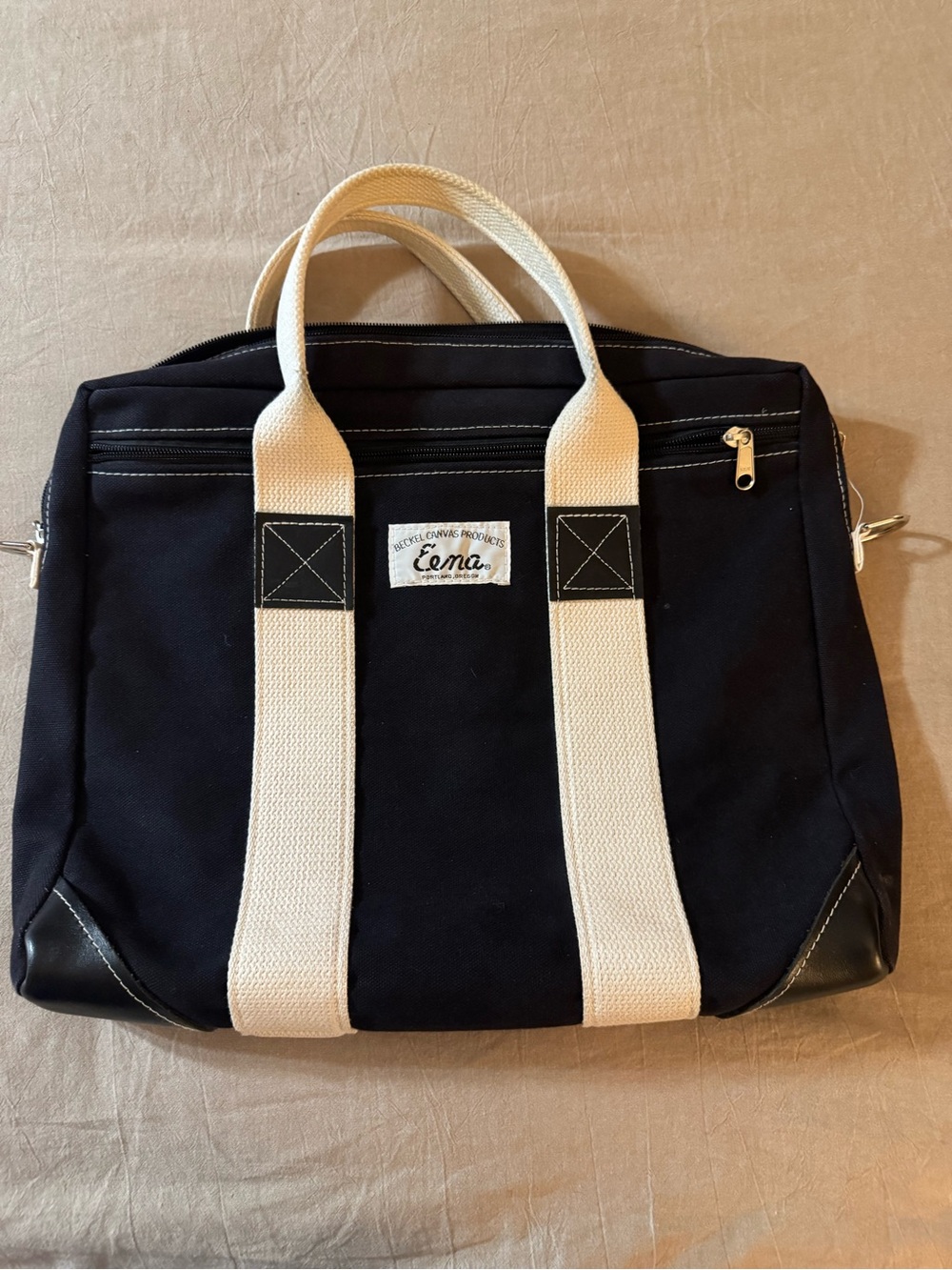 Beckel Canvas Durable Black Canvas Briefcase with Cream Webbing Handles